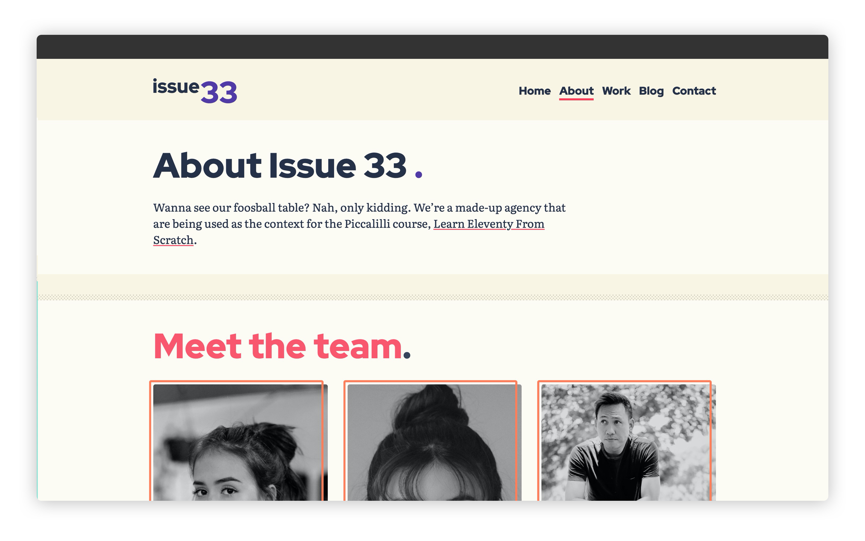 The about page all styled up with a 3 column grid of team members